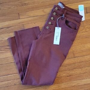 Burgundy High-Waisted Pants with Button Detail